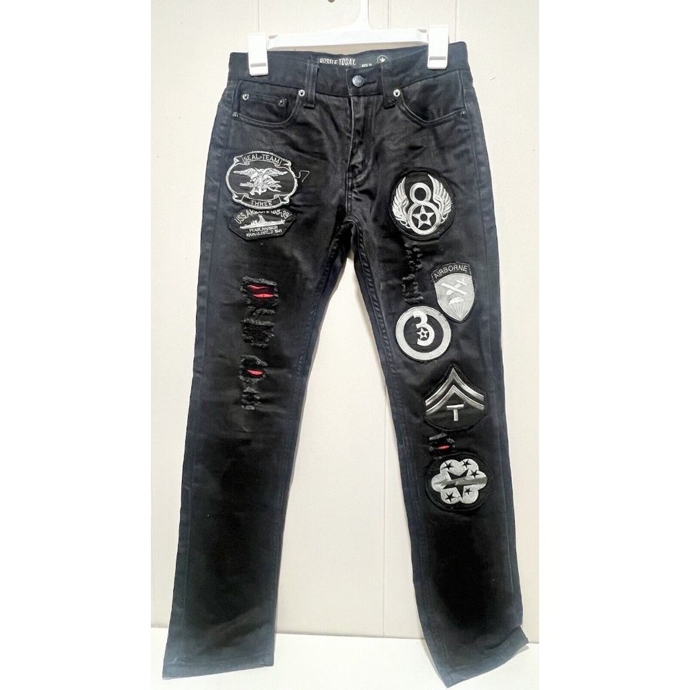 Smith & Graham Hustle Today Boys Youth Army Black Ripple Denim Jeans Size 14